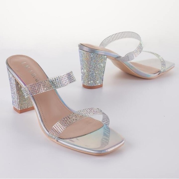 NWT LALA IKAI Women's Square Toe Heels, Sandals, Clear Straps With Rhinestones - Picture 1 of 15